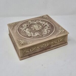 Vtg‎ Incolay stone jewelry box Victorian cherub carved Neoclassical Romantic